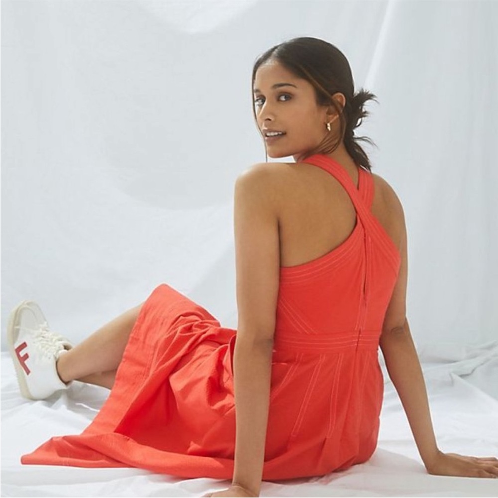 Anthropologie Maeve Alessandra Square Neck Cross-Back Zip Midi Dress Pockets 14 - Picture 3 of 16